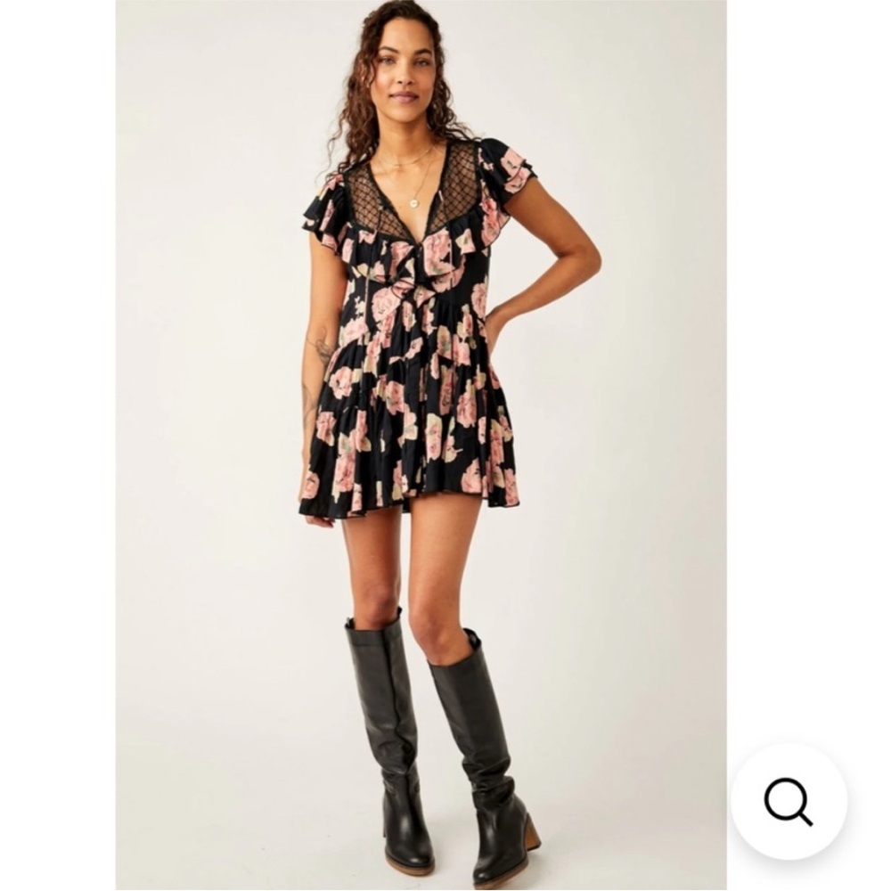 Free People Tilly Floral Print V-Neck Short Flutter Sleeve Tiered Mini Dress